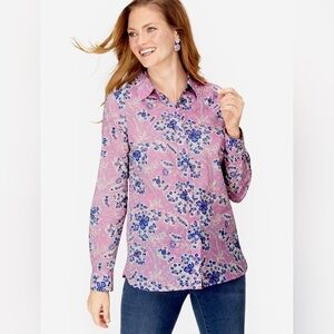Talbots Plus Magic Floral Paisley Swiss Dot Classic Cotton Button Up Shirt